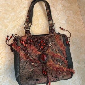 Mary Frances Beaded Embellished Brown with Red and Orange Handbag